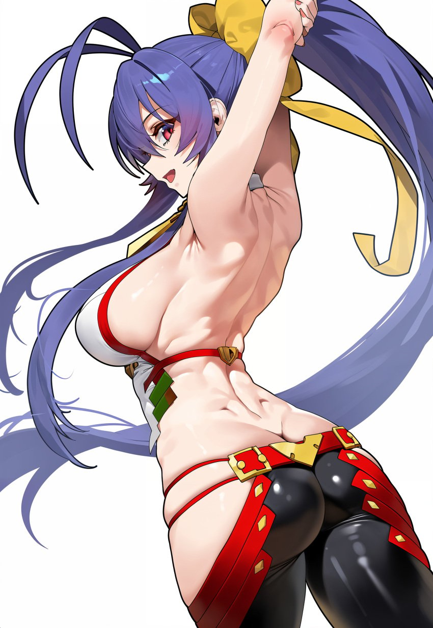 ai_generated antenna_hair ass bare_shoulders big_breasts blazblue:_central_fiction blue_hair blush breasts female fingerless_gloves from_behind gloves hair_ribbon hairbow large_breasts long_hair looking_at_viewer looking_back mai_natsume open_mouth pants ponytail purple_eyes shiny shiny_clothes shiny_hair shiny_skin sideboob smile solo very_long_hair