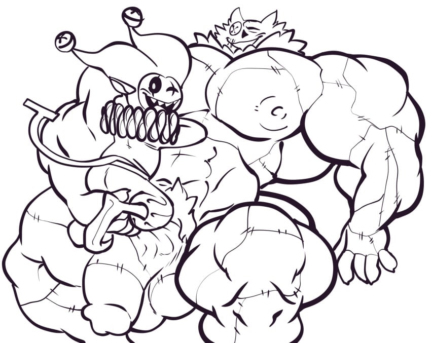 2boys abs balls biceps big_balls big_muscles big_penis bobthetanuki deltarune devil duo extrasizedbob gay jester jevil_(deltarune) male male/male male_only monochrome muscle muscles muscular muscular_arms muscular_legs muscular_male muscular_thighs nipple nipples pecs pectorals penis pubic_hair seam_(deltarune) stitched stitches what