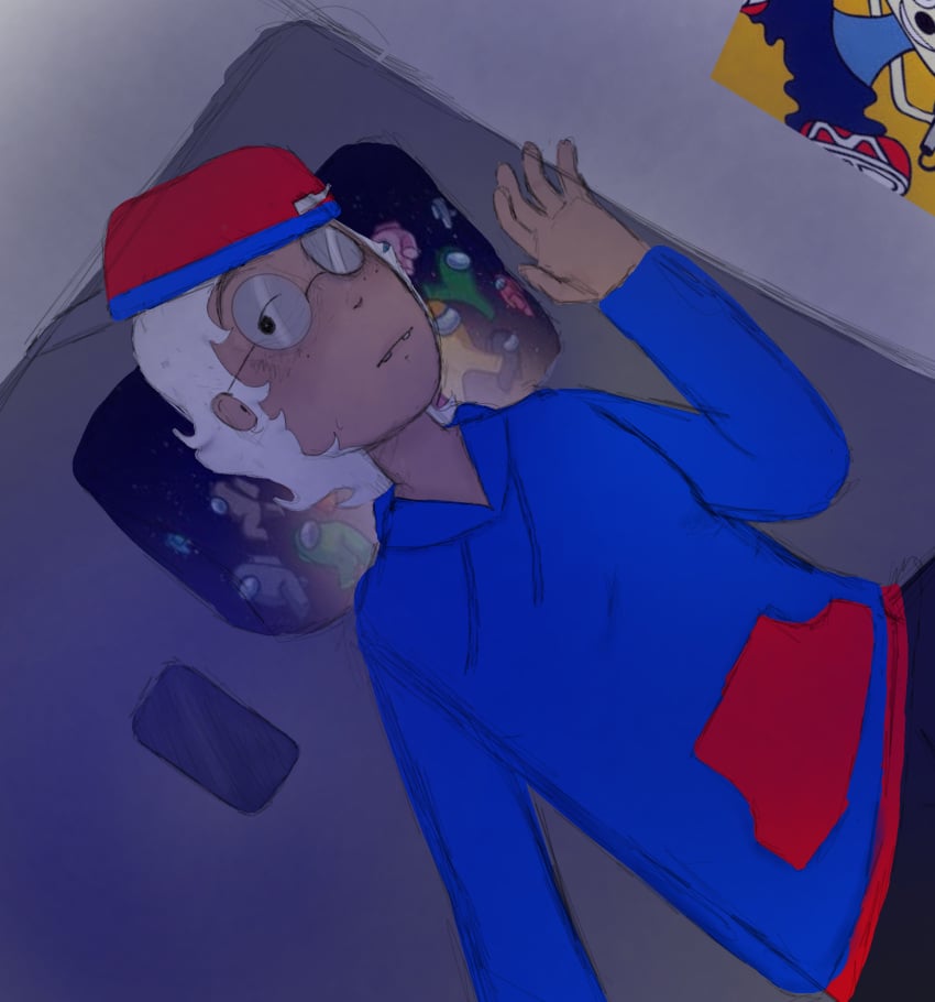 1boy among_us among_us_reference bad_art biting_lip blush clothes glasses guidestuck homestuck laying_down laying_on_bed male_focus male_only mspfa parappa_the_rapper phone_call pillow sfw sfw_version solo_male squarewave_(guidestuck) white_hair