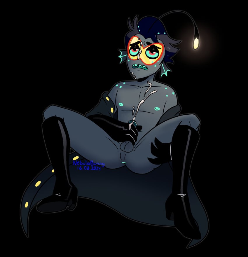 anglerfish anthro anus baxter_(hazbin_hotel) bioluminescence bioluminescent_eyes bioluminescent_nipples boots cum cumming cumshot fish glasses gloved_handjob gloves glowing_eyes glowing_markings hazbin_hotel male male_only marine masturbating masturbation naughty_nebby nebulabunny nipples orgasm partially_clothed pecs penis solo_male vivienne_medrano