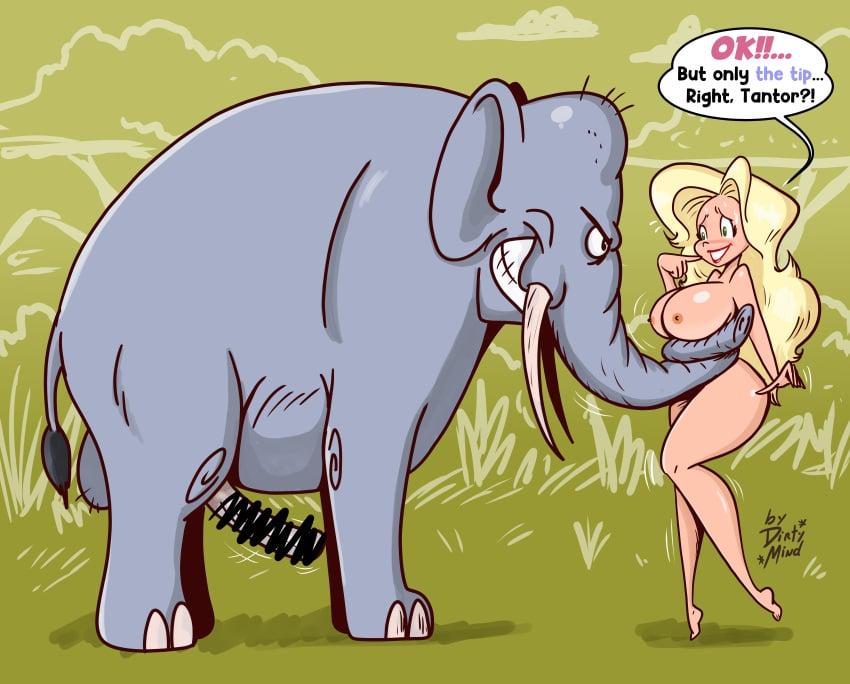 barefoot blonde_hair breasts dialogue dirtymind elephant elephant_penis english_text feet female human inminent_sex interspecies nipples text zoophilia