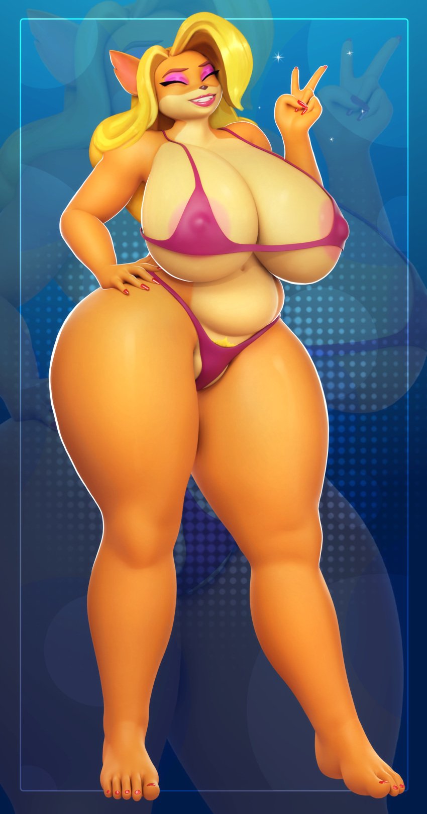 3d_(artwork) absurd_res activision anthro areola areola_slip bandicoot belly big_breasts bikini blonde_hair breasts cleavage clothed clothing crash_(series) digital_media_(artwork) female genitals gesture hair hand_gesture hi_res huge_breasts huge_hips huge_thighs long_hair makeup mammal marsupial mascara micro_bikini nipple_outline notched_ear pubes pussy sala3dart side_boob slightly_chubby smile solo swimwear tawna_bandicoot thick_thighs two-piece_swimsuit under_boob v_sign wide_hips