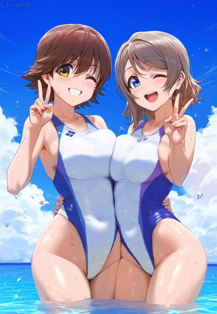 ai_generated ass blue_eyes breasts brown_hair competition_swimsuit honda_mio idolmaster large_breasts legs love_live! love_live!_sunshine!! multiple_girls one-piece_swimsuit short_hair swimsuit the_idolm@ster thighs watanabe_you yellow_eyes