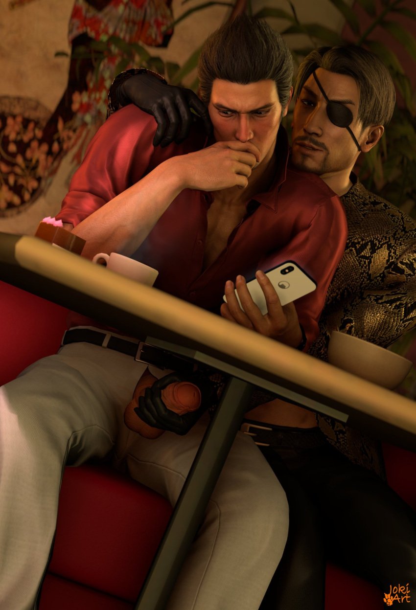 blush facial_hair gay hand_on_penis hand_on_shoulder hand_over_mouth handjob kiryu_kazuma leather_gloves like_a_dragon_(series) looking_away majima_goro male/male male_only mature muscular_male old_men on_phone public public_handjob public_indecency rgg_studio ryuu_ga_gotoku under_the_table under_the_table yakuza_(series)