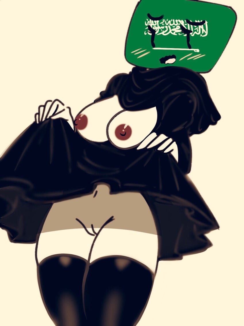 1girls blush countryhumans countryhumans_girl dress_lift female female_only flawsy hijab light_skin pussy saudi_arabia saudi_arabia_(countryhumans) saudi_arabian_flag solo stockings thighhighs