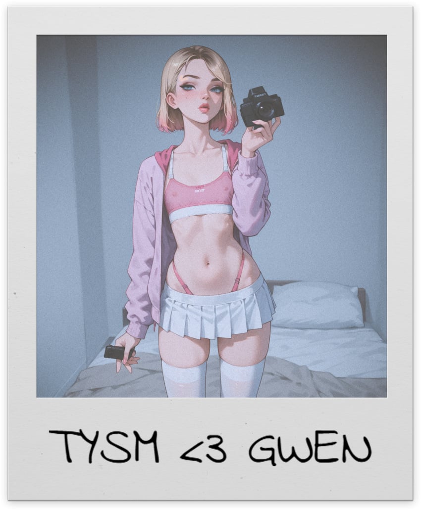 1girl ai_generated bed bedroom blonde_hair blue_eyes bra breasts camera cellphone clothing english_language english_text female gradient_hair gwen_stacy high_resolution highleg highleg_panties holding holding_camera holding_object holding_phone hood hoodie jacket legwear limited_visibility lips looking_at_viewer marvel marvel_comics microskirt miniskirt multicolored_hair navel open_clothes pantsu parted_lips phone pillow pink_bra pink_hair pink_panties pink_underwear pleated_skirt polaroid self_shot selfie shirt short_hair skirt small_breasts smartphone solo spider-gwen spider-man_(series) sports_bra standing stomach text thick_lips thighhighs thighs thong underwear white_legwear white_skirt white_thighhighs xsfmworks