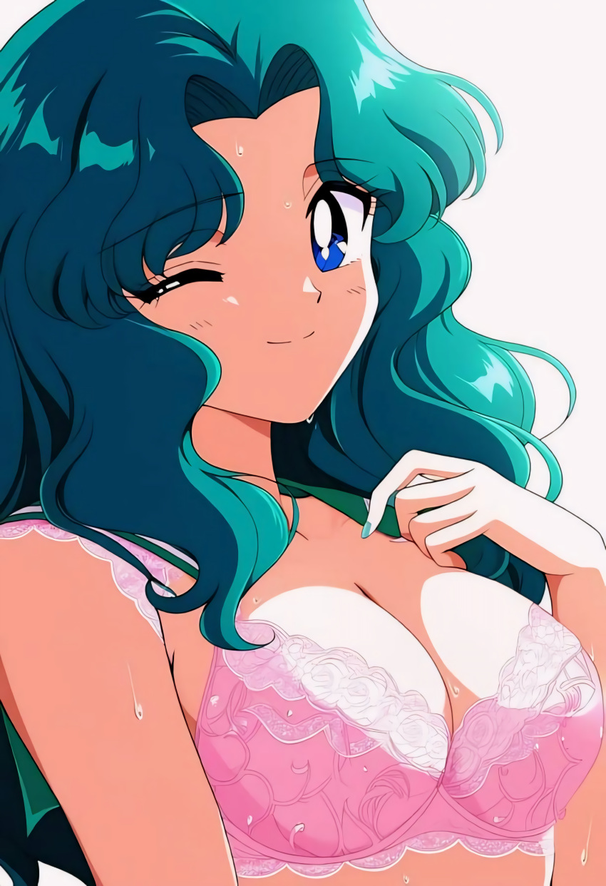 1girls ;) artist_request big_breasts bishoujo_senshi_sailor_moon blue_eyes blue_eyes_female blush blushing_female bra closed_eye closed_mouth cute_face cute_girl eye_contact eye_contact_pov eye_open face_focus fat_breasts female female_only girl_only green_hair green_hair_female hand_on_breast large_breasts lingerie long_hair long_hair_female looking_at_viewer michiru_kaiou mouth_closed only_female only_girl open_eyes pink_bra pink_underwear remastered solo sweatdrop upscaled wavy_hair white_background wink young_female young_girl young_woman