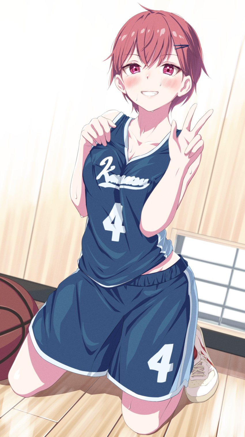 basketball basketball_shorts basketball_uniform kanikatsuya peace_sign pink_eyes short_hair smile sweat tagme