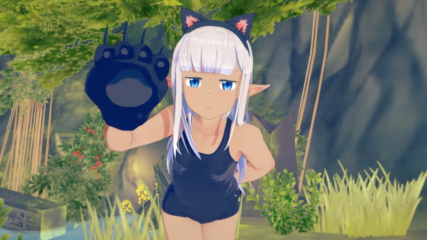 anime blonde_hair bunny-home cat_ears catgirl cosplay costume dark_elf dark_skin elf fantasy healer karla_(kono_healer_mendokusai) kono_healer_mendokusai swimsuit white_hair