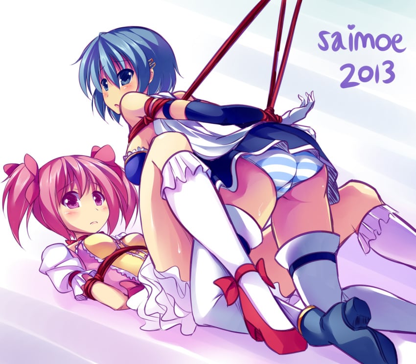 2013 2girls arms_behind_back ass blue_eyes blue_hair bondage dated female female_only femsub hair_ornament looking_back madoka_kaname magical_girl mahou_shoujo_madoka_magica maullarmaullar miki_sayaka multiple_girls multiple_subs panties pink_eyes pink_hair rope striped_panties twintails white_legwear