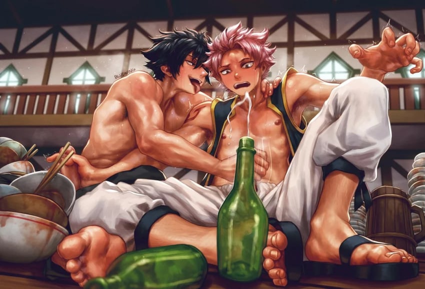 2boys armpit_hair bludwing cumshot fairy_tail gay gray_fullbuster male_only mutual_masturbation natsu_dragneel pants partially_clothed penis sandals stroking_penis sweat tongue_out vest