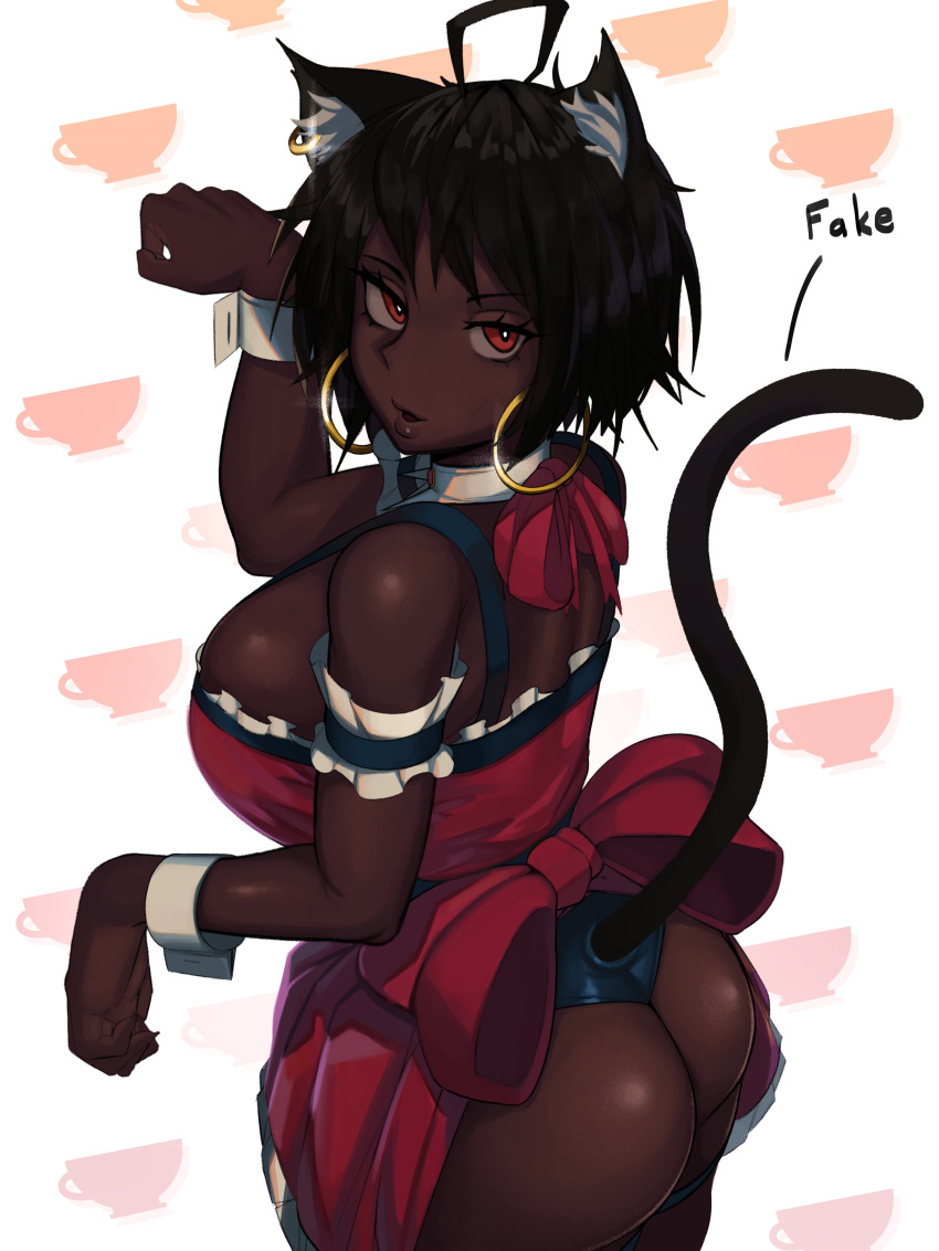 1girls absurdres ahoge ahoge_catgirl_(kevbot) ass big_ass big_breasts black_hair breasts catgirl dark-skinned_female dark_skin earrings fake_tail female female_only highres hoop_earrings kevbot large_breasts looking_at_viewer looking_back original red_eyes short_hair solo very_dark_skin