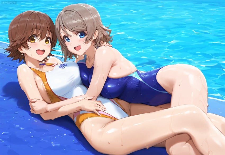 ai_generated ass blue_eyes breasts brown_hair competition_swimsuit honda_mio idolmaster large_breasts legs love_live! love_live!_sunshine!! multiple_girls one-piece_swimsuit short_hair swimsuit the_idolm@ster thighs watanabe_you yellow_eyes