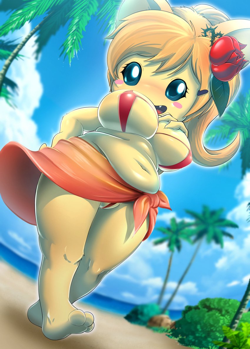 absurd_res beach big_breasts bikini breasts clothed clothing female genitals hi_res holding_breast kicktyan outside pussy pussy_floss seaside skimpy slightly_chubby solo species_request swimwear