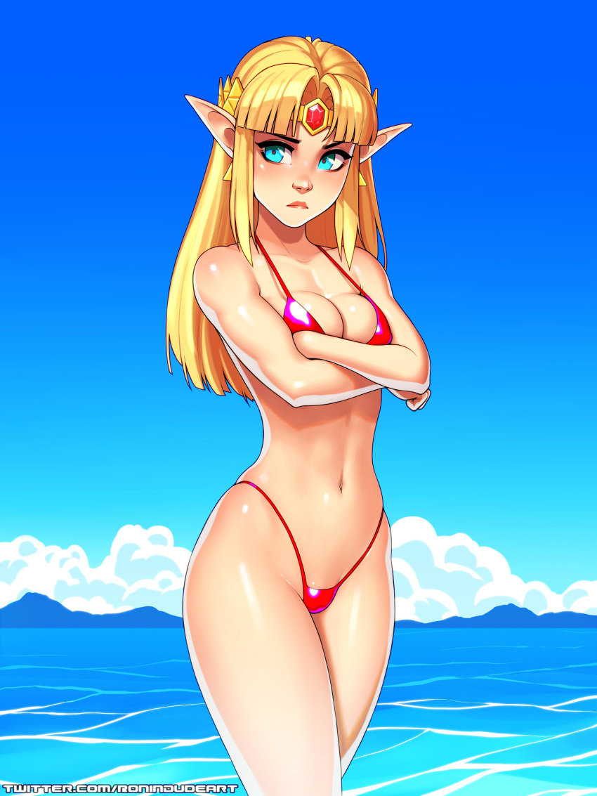 1girls a_link_between_worlds angry arms_crossed artist_name beach big_breasts bikini blonde_hair blue_eyes blush blushing breasts detailed_background female female_focus female_only fit fit_female headwear large_breasts long_hair navel nintendo ocean pointy_ears princess_zelda red_bikini ronindude sea shiny shiny_hair shiny_skin sky the_legend_of_zelda twitter twitter_username zelda_(a_link_between_worlds)