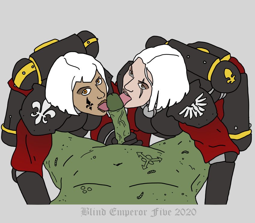 2020 adepta_sororitas armour blind-emperor-five chaos_(warhammer) chaos_space_marine cultist fellatio imperium_of_man nurgle oral oral_sex plague_marine plaguebearer sister_of_battle sisters staring sucking threesome tongue_out warhammer_(franchise) warhammer_40k white_hair