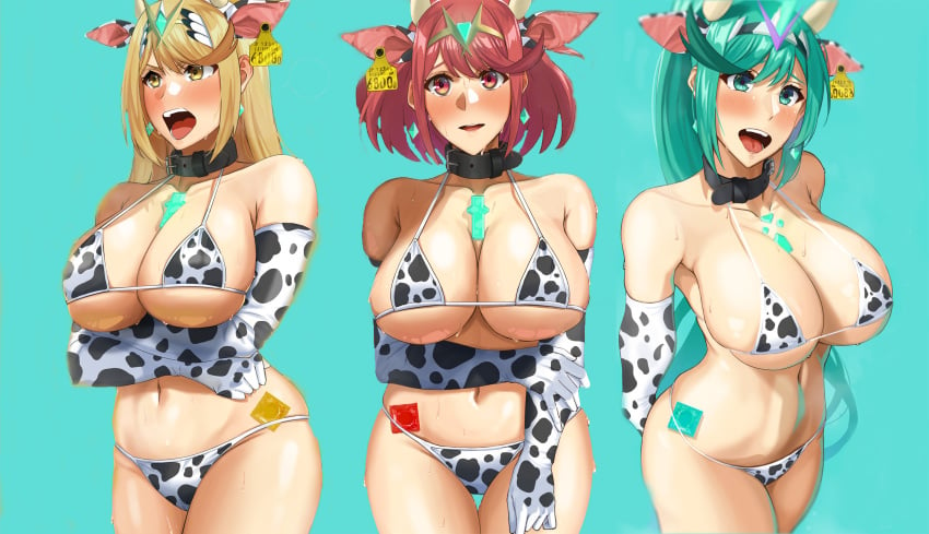 3girls animal_ears animal_print bangs bare_shoulders bikini black_bean blonde_hair blush breasts chest_jewel cleavage collar collarbone condom_wrapper core_crystal cow_ears cow_horns cow_print earrings elbow_gloves fake_animal_ears female gloves green_background green_hair hairband highres horns jewelry large_breasts long_hair long_ponytail mythra nintendo open_mouth pneuma ponytail pyra red_eyes red_hair sidelocks smile sweat swept_bangs swimsuit thighs tiara very_long_hair white_bikini white_gloves xenoblade_(series) xenoblade_chronicles_2 year_of_the_ox yellow_eyes