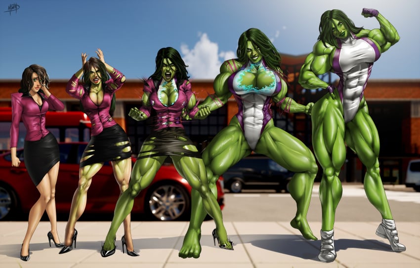 1girls 2d 2d_(artwork) absurd_res big_breasts breast_growth brown_hair business_attire feet female female_only flexing_bicep green_hair green_skin hi_res high_heels hulk_(series) jennifer_walters large_breasts leotard light_skin marvel marvel_comics megaween muscle_growth muscles muscular muscular_female she-hulk shoes solo transformation transformation_sequence