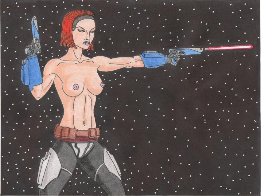 1girls background belt black_background bo-katan_kryze breasts clone_wars female female_only fight gun holding_gun holding_object holding_weapon light-skinned_female light_skin mandalorian nipples pants ranged_weapon science_fiction shooting simple_background small_breasts solo space standing star_wars the_mandalorian topless topless_female vambraces weapon