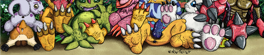 agumon animal_genitalia anthro arthropod avian balls bird biyomon bodily_fluids claws cum digimon digimon_(species) dinosaur domestic_cat domestic_pig erection feet felid feline felis female female/female feral foot_focus gabumon gatomon genital_fluids genitals gomamon group insects long_image male male/male mammal marine monster palmon patamon paws penis pinniped plant pussy reptile scalie seal sex straight suid suina sus_(pig) tentomon wide_image winserferret