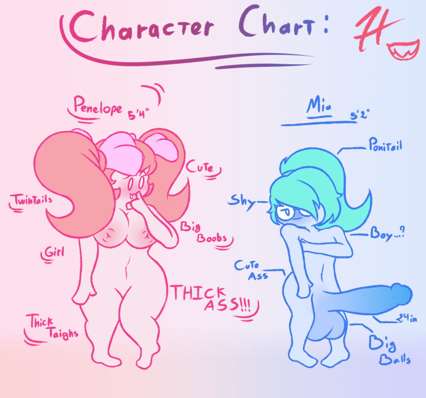 aka_h big_ass big_balls big_breasts big_butt big_nipples big_penis blue_hair blue_skin blush boy character_sheet fat_ass female futanari glasses mia_(aka_h) penelope_(aka_h) pink_hair pink_skin ponytail shy thick thick_ass thick_penis twintails