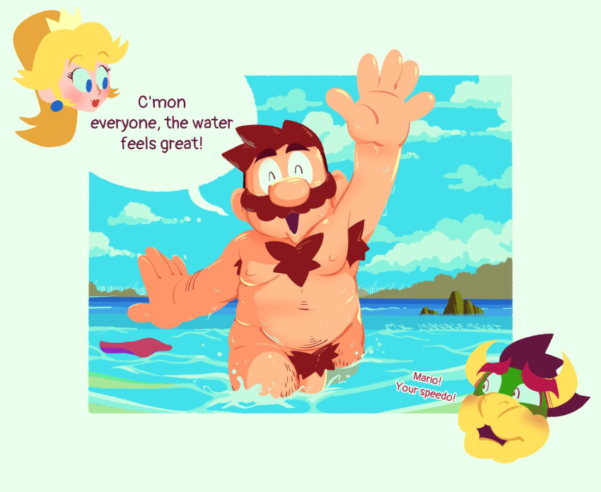 1girls 2boys beach blonde_hair blue_eyes bowser brown_hair chest color dialogue embarrassed english_text female hairy human light-skinned_female light-skinned_male looking_at_another male male_focus mario mario_(series) moustache multiple_boys mxmanagement nintendo nipples nude nude_male ocean open_mouth outdoors penis princess_peach pubes pubic_hair public public_nudity scalie sky solo_focus speech_bubble standing swim_trunks text water waving