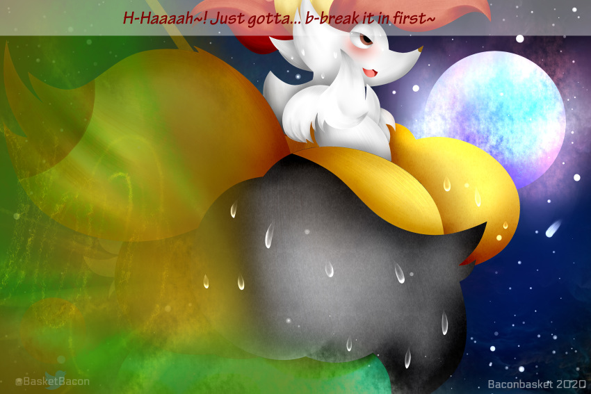 2020 3:2 absurd_res anthro ass baconbasket big_breasts big_butt braixen breasts canid canine cosmic_background domination english_text fart fart_cloud fart_fetish female fox fur hair hi_res huge_butt looking_back macro mammal nintendo nude open_mouth planet pokémon_(species) pokemon pokemon_(species) sitting_on size_difference smile solo space space_background text thick_thighs video_games