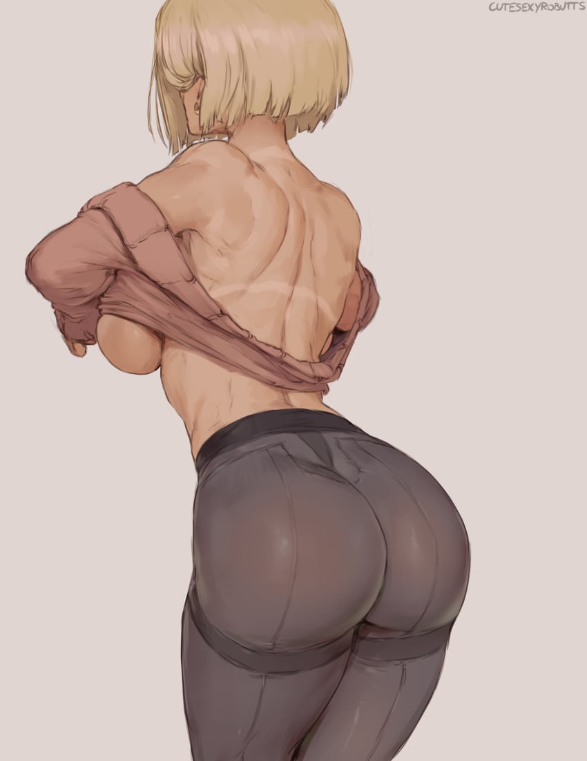 1girls absurd_res android_18 artist_name ass back blonde_hair breasts cutesexyrobutts dragon_ball dragon_ball_z earrings female female_only hi_res high_waisted_pants large_breasts muscular_back muscular_female nipples no_bra pantyhose sideboob smile sweater sweater_lift tan tanline thighs underboob yoga_pants