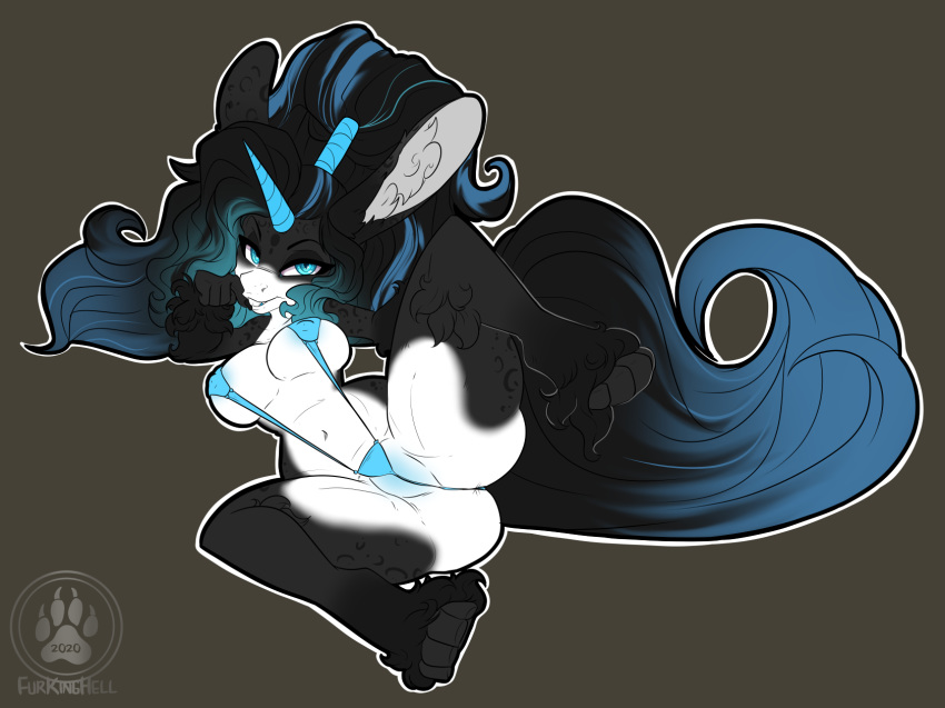 2020 4_toes 5_fingers anthro black_body black_fur black_hair breasts digital_media_(artwork) equid equine female fingers fur furkinghell hair hi_res horn mammal solo toes unicorn