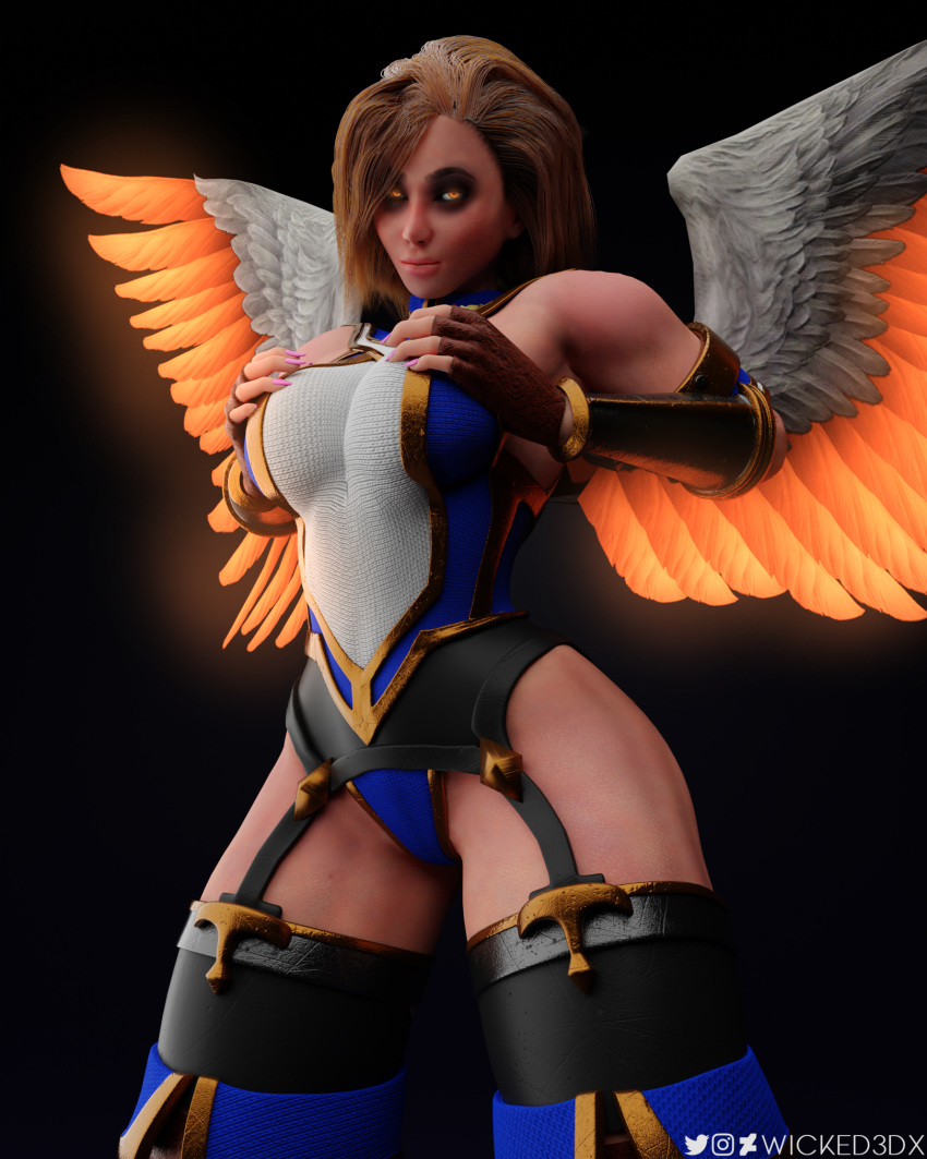 1girls 3d angel angel_wings armor big_ass big_breasts big_butt breast_grab brown_hair furia_(paladins) glowing_eyes paladins solo tanned tanned_skin teasing wicked3dx wings