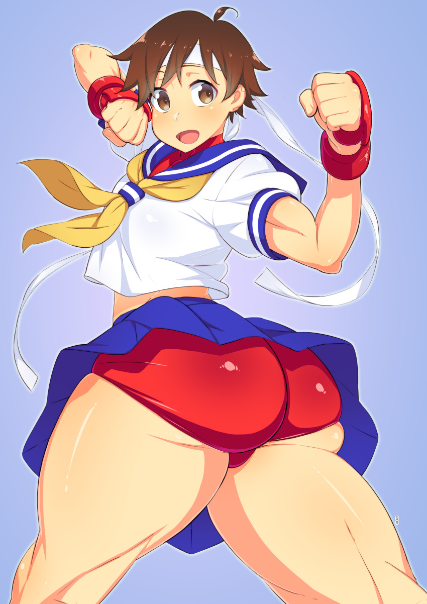 1girls ass big_ass bloomers bottom_heavy brown_eyes brown_hair bubble_butt buruma capcom cute eye_contact fighting_gloves fighting_pose large_ass looking_at_viewer machineswine sakura_kasugano school_uniform short_hair skirt_lift street_fighter thick_ass thick_thighs thighs tomboy very_short_hair wide_hips