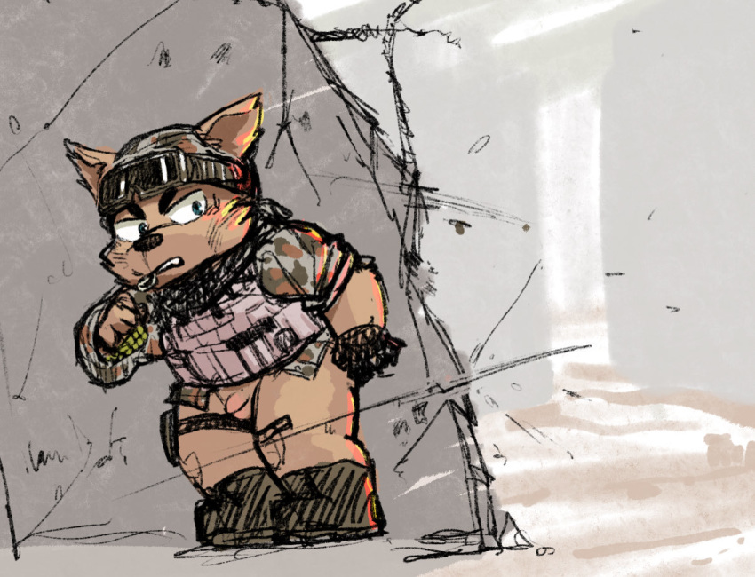 223igarashi anthro balls bottomless camo canid canine canis clothed clothing domestic_dog explosives eyewear flaccid genitals goggles grenade male male_only mammal military_boots military_uniform penis shortstack solo uniform war weapon