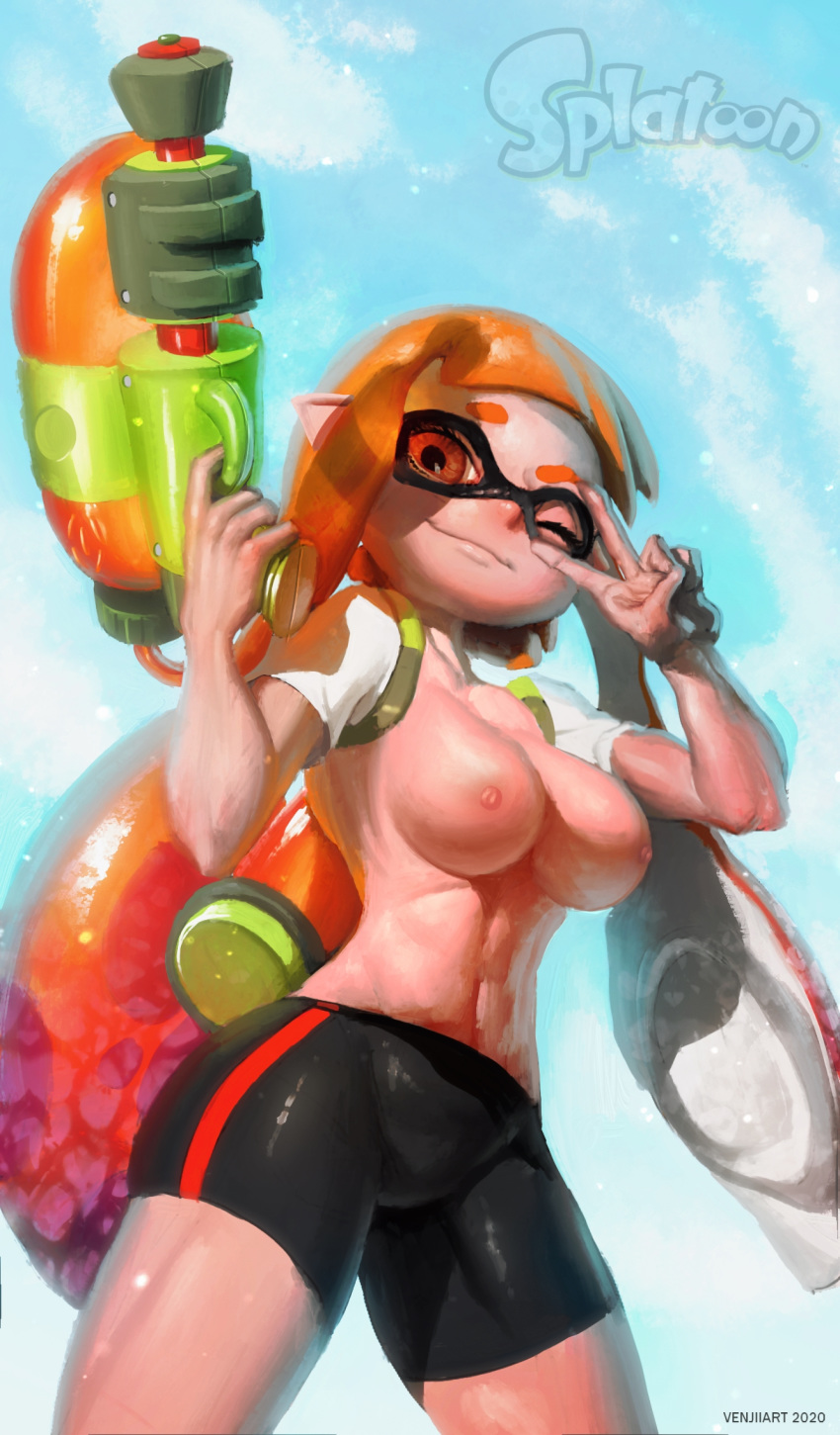 anthro bike_shorts black_shorts breasts cephalopod cephalopod_humanoid humanoid inkling inkling_girl kaori_(splatoon) mask mask_(marking) navel nintendo nipples nude one_eye_closed orange_eyes orange_hair peace_sign pointy_ears shorts sky_background smile spats splatoon splattershot squid tentacle tentacle_hair topless venjiiart wink winking_at_viewer