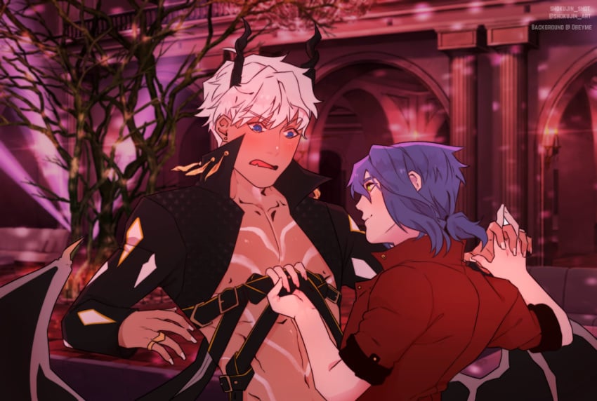 2boys blush demon demon_boy demon_horns eye_contact grabbing incubus male male_only mammon_(obey_me) obey_me!_one_master_to_rule_them_all original_character purple_hair shoknsfw tagme teasing white_hair yaoi