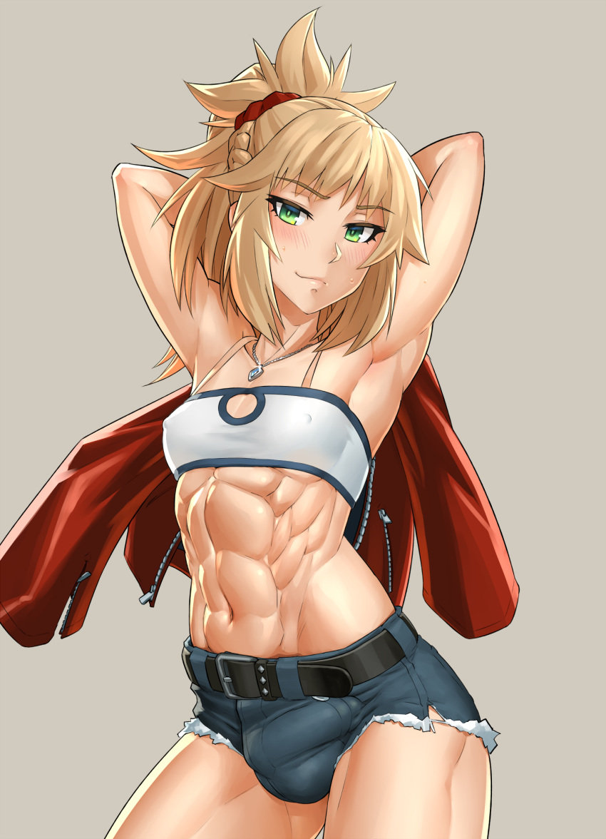 1futa abs armpits arms_up bandeau belt belt_buckle black_belt blonde_hair blush braid breasts buckle bulge collarbone covered_nipples denim denim_shorts eyebrows_visible_through_hair fate/apocrypha fate_(series) female frayed_clothes futanari green_eyes grey_background hair_ornament hair_scrunchie highres jacket jewelry looking_at_viewer midriff mikoyan mordred_(fate) mordred_(fate)_(all) muscle muscular_female navel necklace ponytail red_jacket rule_63 scrunchie short_hair short_shorts shorts sidelocks simple_background small_breasts smile solo solo_futa strapless tubetop zipper zipper_pull_tab