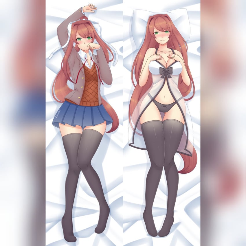 1girls big_breasts blush breasts dakimakura doki_doki_literature_club female_only green_eyes hourglass_figure large_breasts lingerie long_hair looking_at_viewer monika_(doki_doki_literature_club) negligee panties raionart school_uniform thick_thighs thighhighs