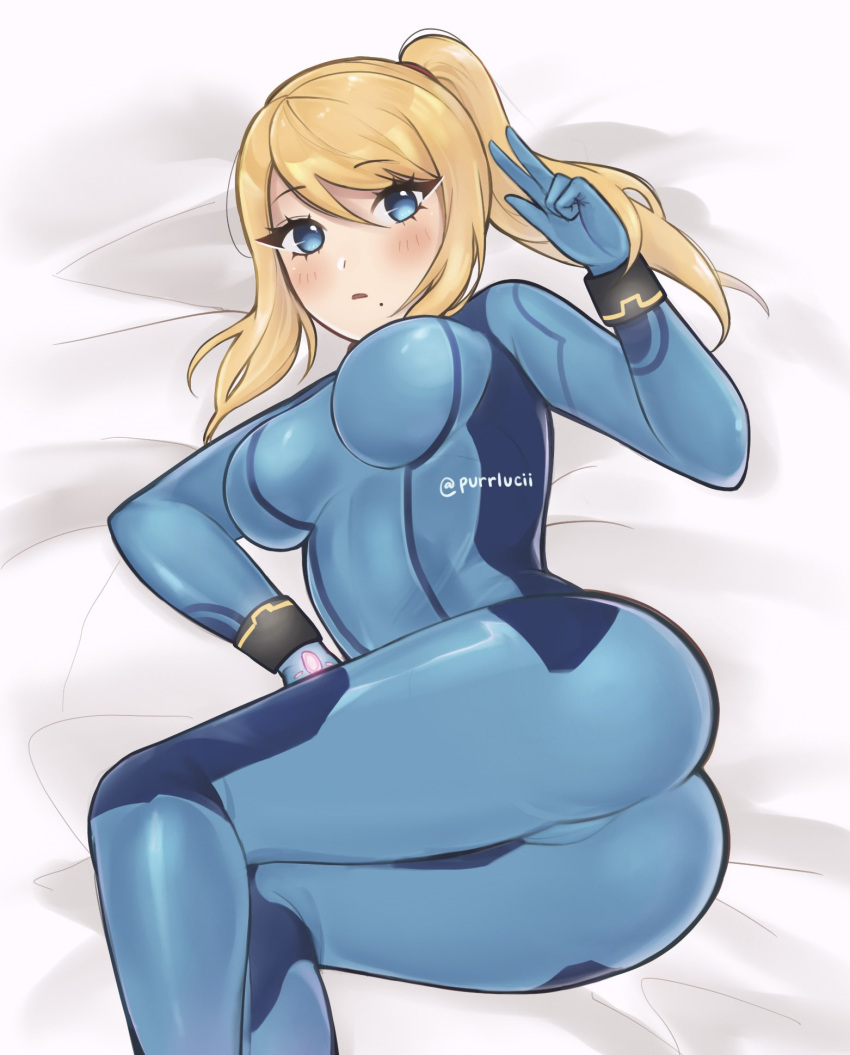 ass breasts female female_only fully_clothed metroid nintendo purrlucii samus_aran shiny_clothes solo tagme tight_clothing zero_suit zero_suit_samus