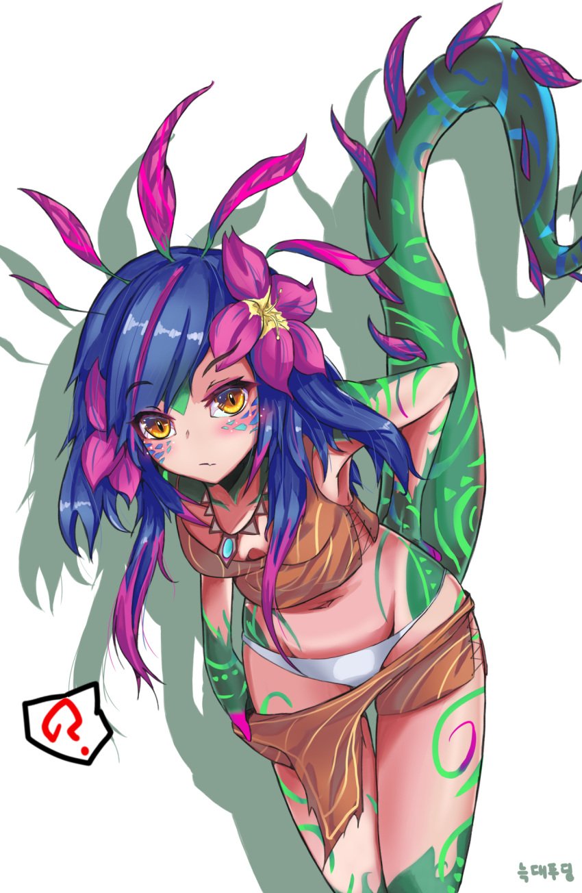 1girls blue_hair breasts chameleon_humanoid cleavage clothed clothing female flower flower_in_hair girl league_of_legends midriff necklace neeko panties pink_hair question_mark riot_games shadow shorts slit_pupils tail thigh_gap thighs yellow_eyes