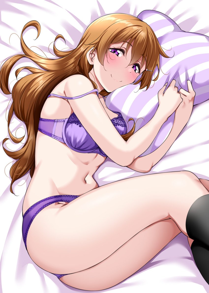 1girls ass black_legwear blush bra breasts brown_hair clothing female heavy_blush hugging_pillow konoe_kanata legs_together lingerie long_hair love_live! love_live!_nijigasaki_high_school_idol_club lying_on_bed lying_on_side matching_underwear medium_breasts naughty_face naughty_smile off_shoulder panties pillow purple_bra purple_lingerie purple_panties thick_thighs wide_hips yopparai_oni