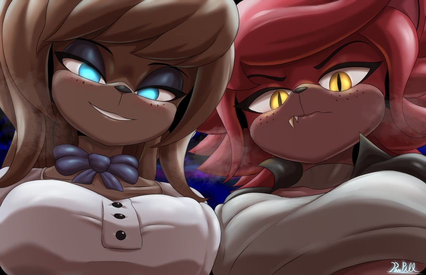 2girls blue_eyes clothed clothed_female fexa five_nights_at_freddy's foxy_(cally3d) foxy_(fnaf) freddy_(fnaf) fredina's_nightclub fredina_(cally3d) frenni_fazclaire furry looking_at_viewer powpill smile yellow_eyes