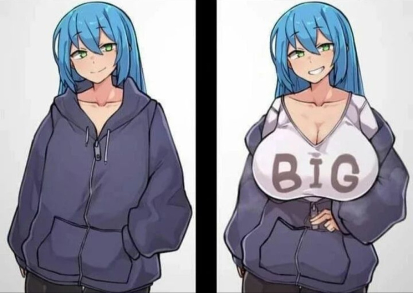 big_breasts blue_hair casual commission graphic_tee green_eyes hammerspace hidden_buxom kurage_shokushu revealing_breasts smirk unzipped_hoodie