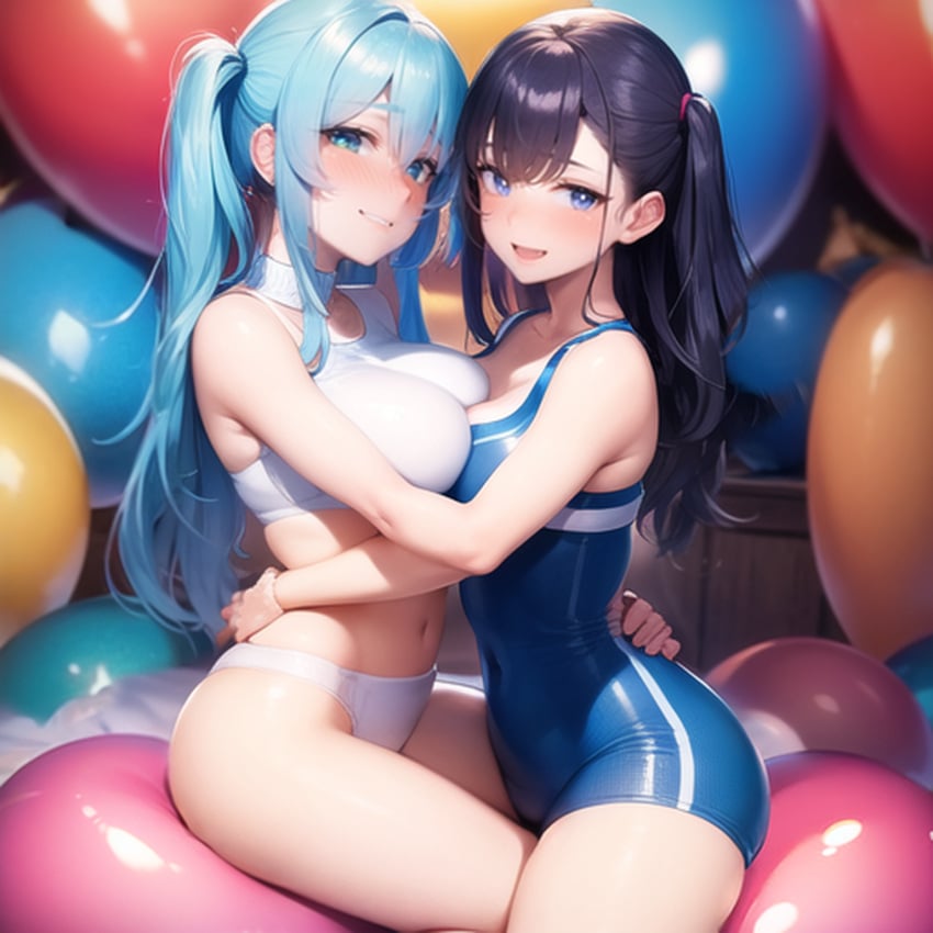 2girls ai_generated balloon balloons happy long_hair looners one-piece_swimsuit sports_bra yuri