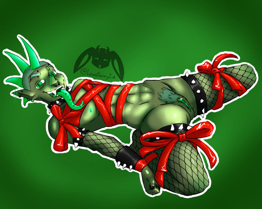 5:4 abs absurd_res andromorph anthro armwear artbunnyink blush blush_lines bondage bound bow_ribbon christmas clothing collar colored_nails cuntboy demon digital_media_(artwork) fishnet fishnet_armwear genitals green_body green_eyes green_nipples hi_res holidays humanoid intersex lewdbunnyink mastectomy_scar nails nipples piercing pussy reptile ribbon_bondage ribbons scalie scar simple_background snake solo spiked_collar spikes spread_legs spreading tongue tongue_out tongue_piercing vine_(artbunnyink)