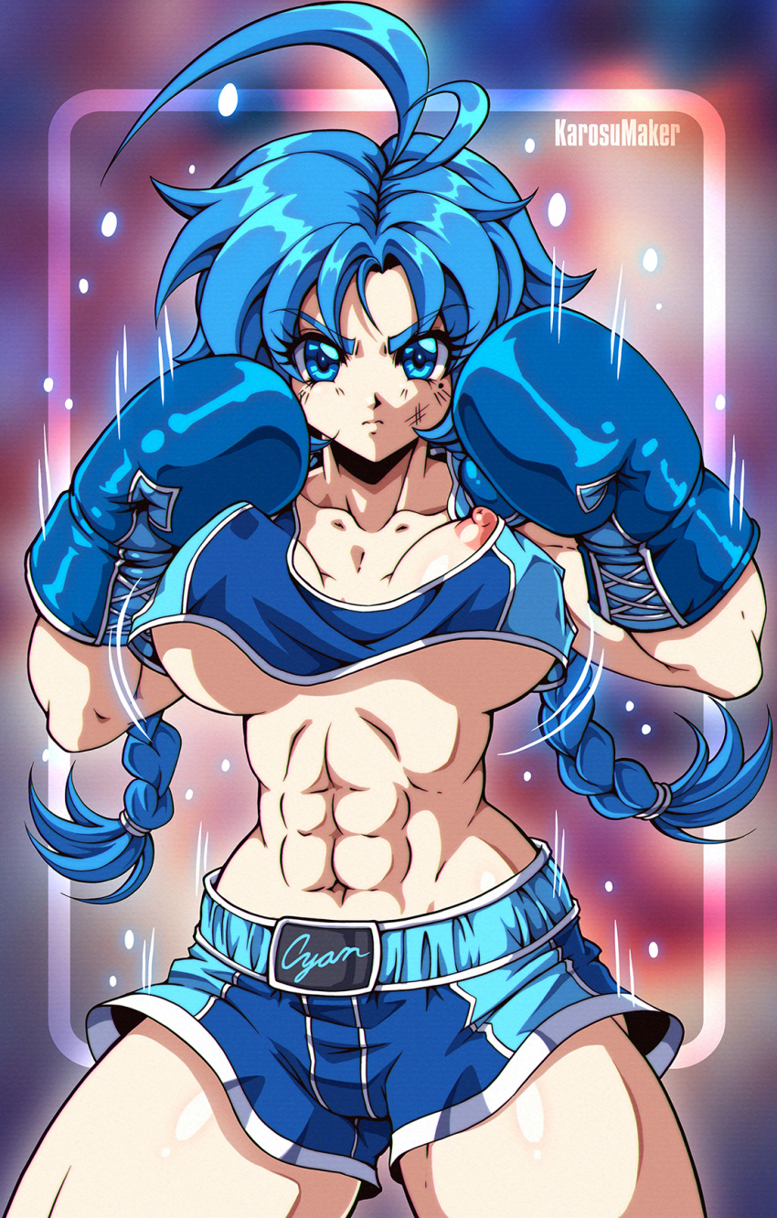 1girls abs blue_boxing_gloves blue_clothing blue_eyes blue_gloves blue_hair boxing boxing_gloves boxing_shorts bra braid braided_hair braided_pigtails braided_ponytail braided_twintails braids female female_only fighting_gloves fighting_stance gloves karosu-maker original original_character pale-skinned_female solo tagme underboob