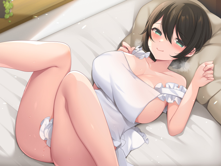 absurdres apron aqua_eyes ass bed bed_sheet bedroom black_hair blurry blurry_background blush breasts depth_of_field deyuyama feet_out_of_frame female frilled_apron frills hair_between_eyes highres huge_breasts indoors legs legs_up looking_at_viewer lying naked_apron on_back on_bed original pillow short_hair sideboob sidelocks solo strap_slip sunlight sweat white_apron