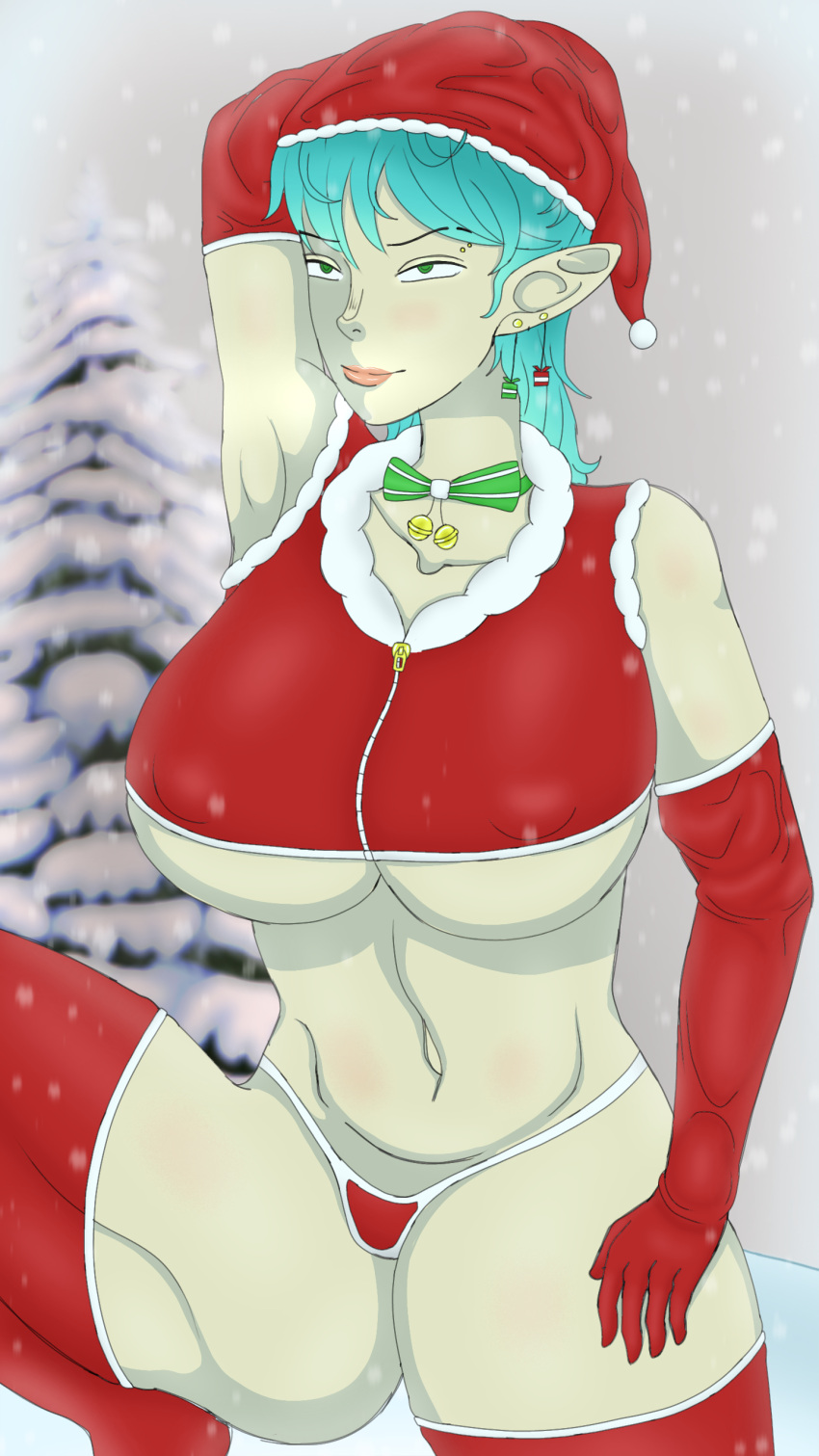 1girls arm_behind_head armpits bells belly_button big_breasts bizdrawings blue_hair bow breasts christmas christmas_hat christmas_outfit christmas_tree elf elf_ears elf_female female female_only holidays leg_lift light_skin looking_at_viewer panties pierced_eyebrow sleeves snow solo solo_female thick_thighs thighhighs thighs zipper