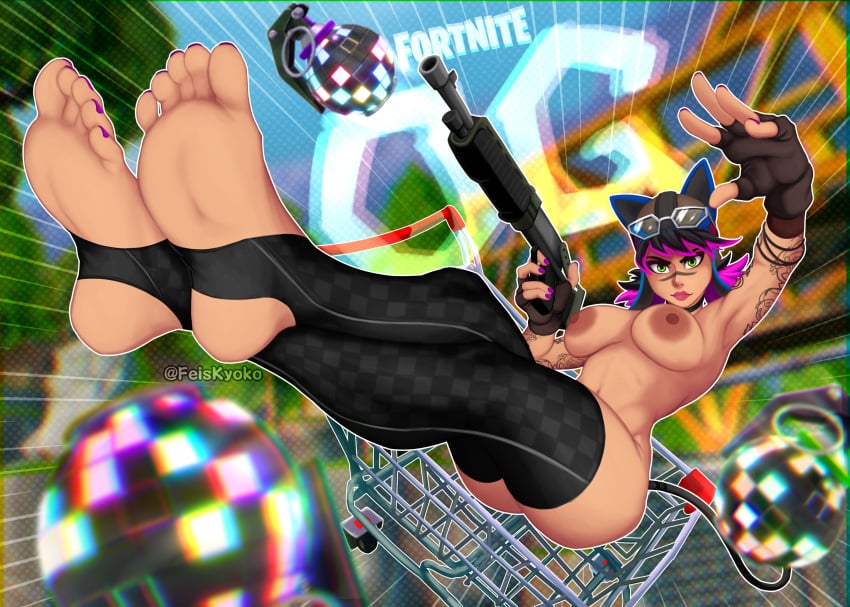 black_hair eye_shadow feet feet_focus feet_together feiskyoko fortnite fortnite:_battle_royale green_eyes looking_at_viewer medium_breasts renegade_lynx stirrup_legwear tail tattooed_arm tattoos thigh_highs two_tone_hair