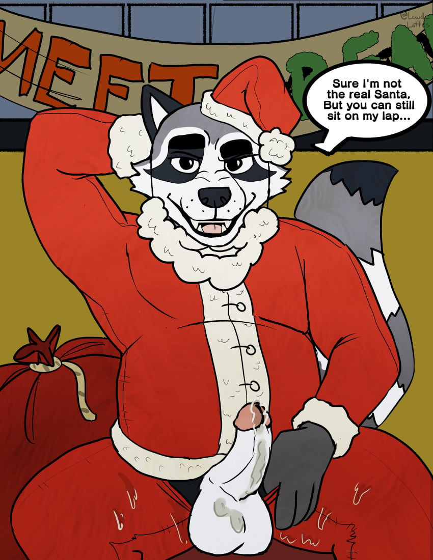 absurd_res animal_humanoid anthro bag balls banner beard big_balls bodily_fluids canid canid_humanoid canine canine_humanoid christmas christmas_clothing christmas_headwear clothing costume cum facial_hair fake_beard genital_fluids genitals glass hat headgear headwear hi_res holidays humanoid lewd_latte male mammal mammal_humanoid original_character precum raccoon_dog rope santa_costume santa_hat solo tanuki tanuki_humanoid wall_(structure)