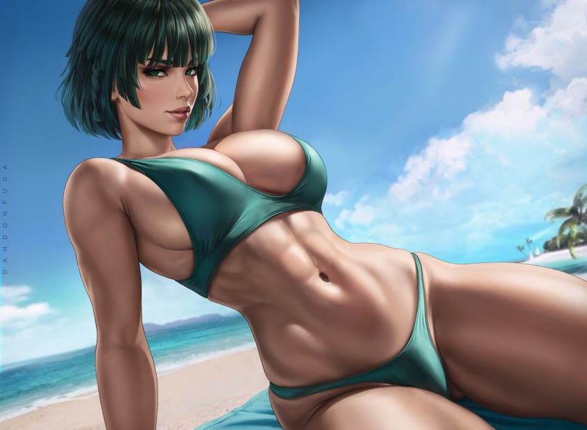 1girls abs absurd_res absurdres arm_support athletic athletic_female bangs bare_arms bare_shoulders bare_skin bare_thighs beach beach_towel big_breasts bikini bikini_bottom bikini_top blush bra breasts busty child_bearing_hips dandon_fuga female female_abs female_focus female_only fit fit_female fubuki_(one-punch_man) green_bikini_bottom green_bikini_top green_bra green_clothes green_clothing green_eyes green_hair high_resolution highres hips huge_breasts large_breasts light-skinned_female light_skin muscular muscular_female navel ocean on_ground one-punch_man panties red_lips red_lipstick sand sea seaside short_hair sitting sitting_down sitting_on_ground slim_girl slim_waist solo solo_female solo_focus stomach summer thick_thighs thighs toned toned_body toned_female toned_stomach tropical underwear water