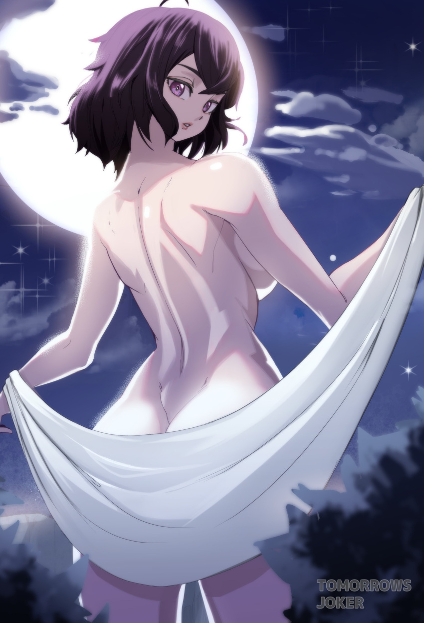 1girls ass back back_view bare_back big_ass black_hair cloud cowboy_shot female female_only fire_emblem fire_emblem_awakening from_behind full_moon looking_at_viewer looking_back moon morgan_(fire_emblem) morgan_(fire_emblem)_(female) naked_towel night nintendo outdoors purple_eyes purple_hair solo standing tomorrowsjoker towel twisted_neck